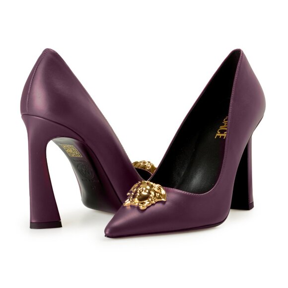 Versace Women's Gold Medusa Deep Purple Leather Pump Shoes US 8 IT 38 - Picture 8 of 8